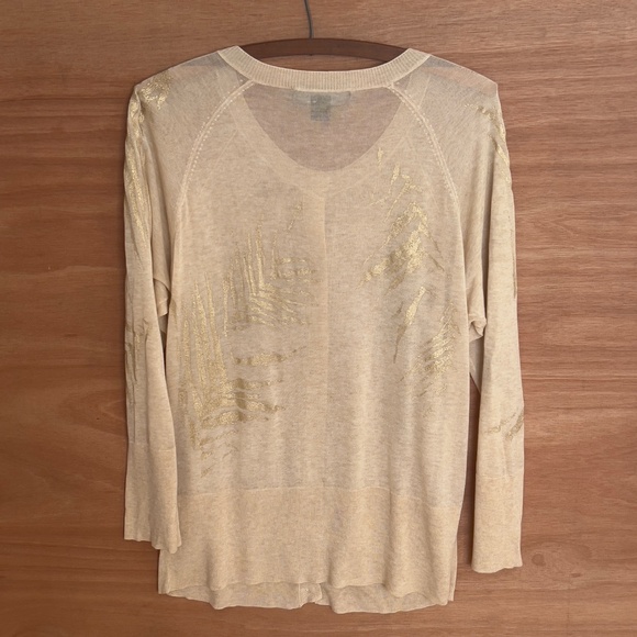 ST. JOHN Beige Semi-Sheer Thin Knit Cardigan Sweater Sz L Metallic‎ Gold Print - Picture 6 of 7